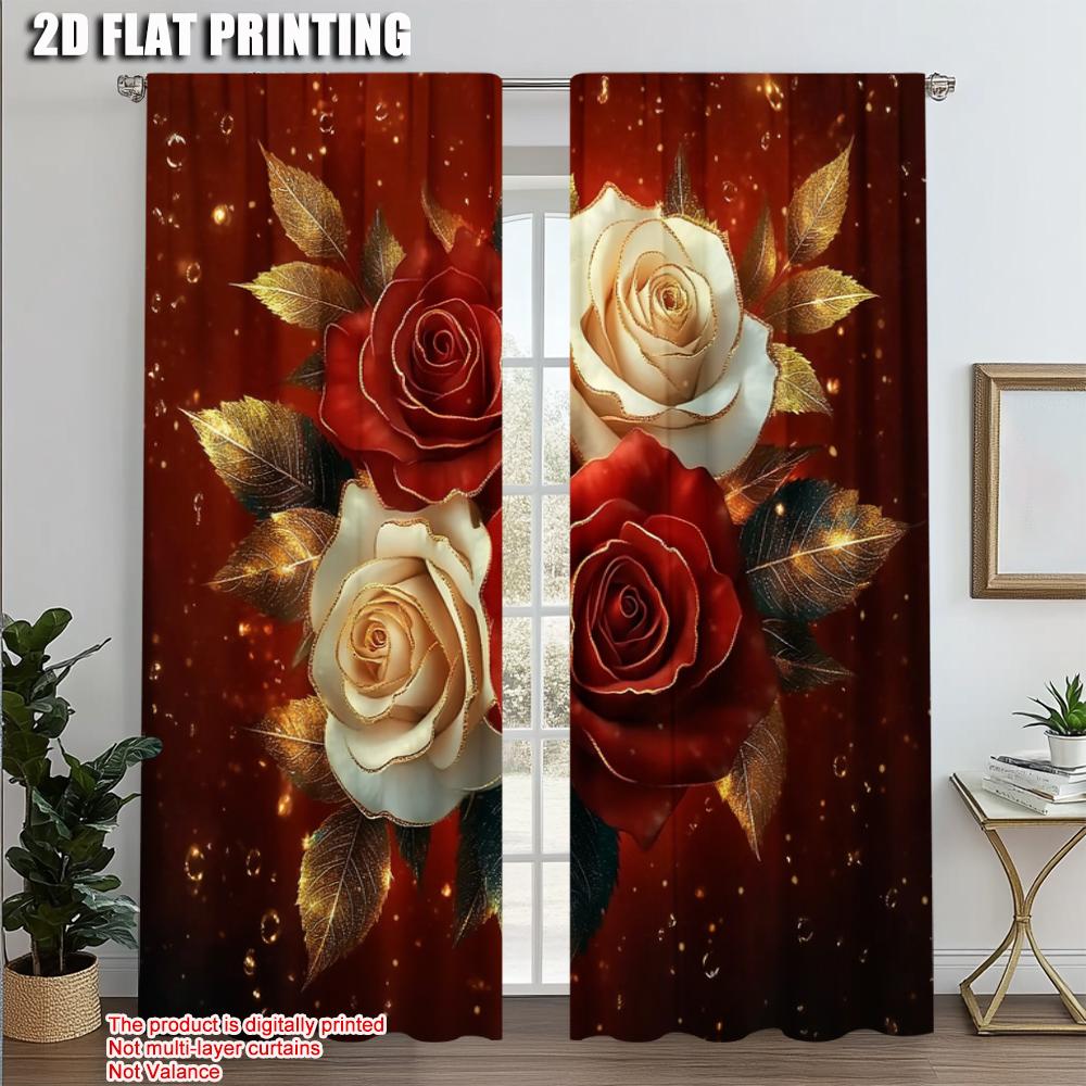 

Popular Curtains Print Red Roses Fabric Without Rod Room Decor Living Home Decoration Set Of 2 Made Polyester Machine Washable Great W100*H70(CM)-Hooks&1PCS