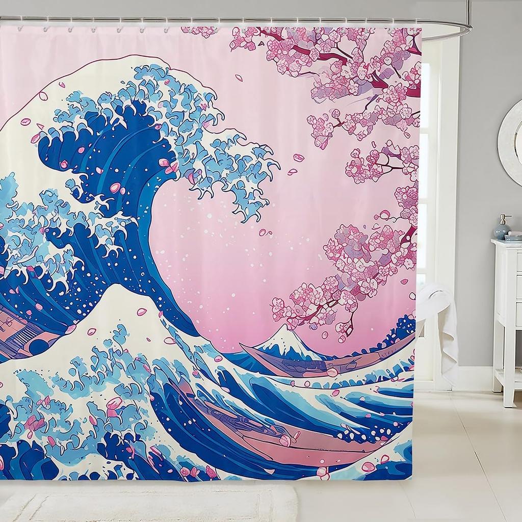 Feelyou Japanese Wave Bath Curtain for Boys Girls Fuji Mountain Shower Curtain Waterproof Japanese Style Bathroom Shower Curtain