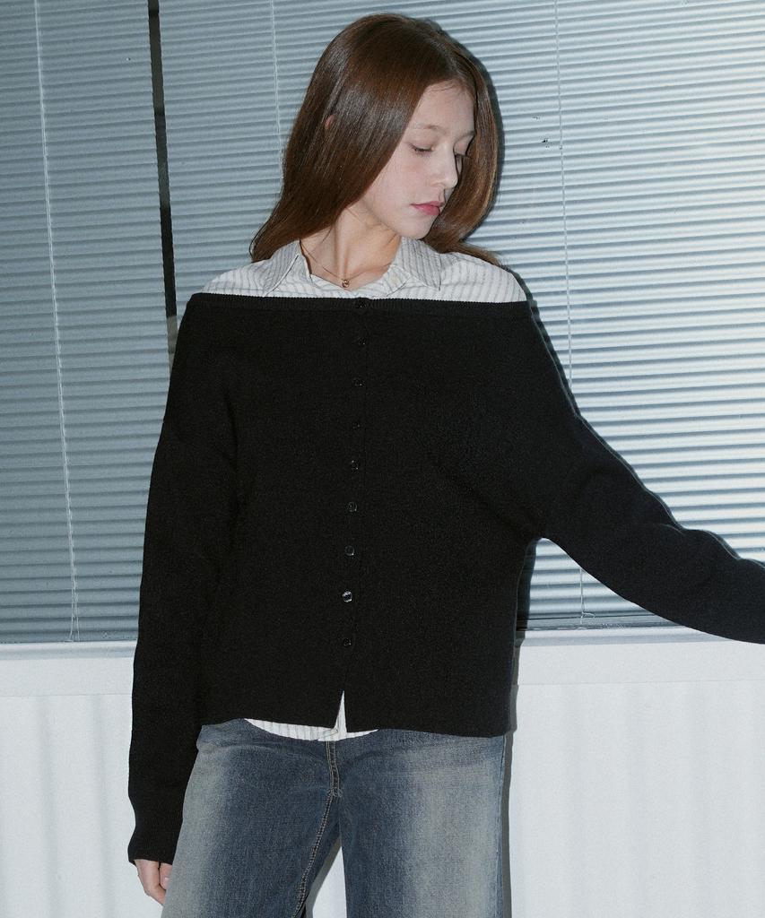 VLETI Two-Way Off-Shoulder Basic Cardigan (Black)