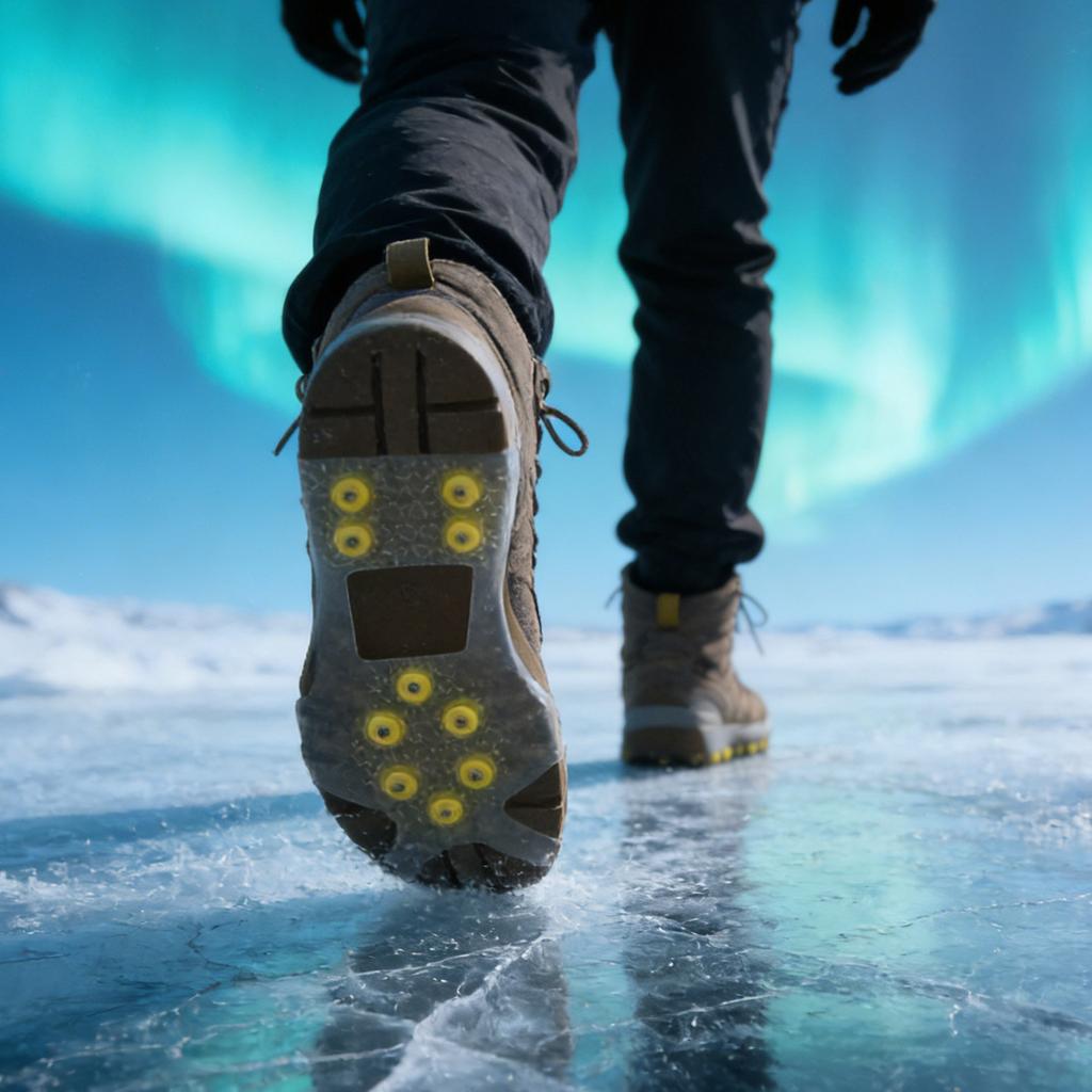 Winterschuhspikes mit 10 Spikes, geeignet für winterliche Outdoor-Aktivitäten wie Wandern, Trekking, Eisfischen, Schnee und Eis.