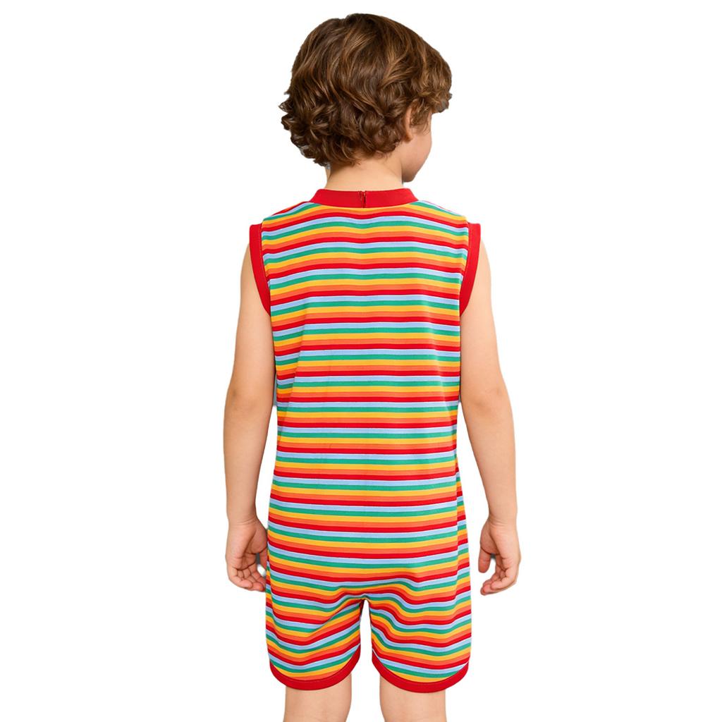 Unisex Special Needs Adaptive Clothing Sleeveless Back Invisible Zipper Press Button Crotch Striped Jumpsuit
