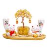 Resin Wood Cat Sculpture Feng Shui Lucky Cat Money Tree Ornament for TV Cabinet Birthday Gift