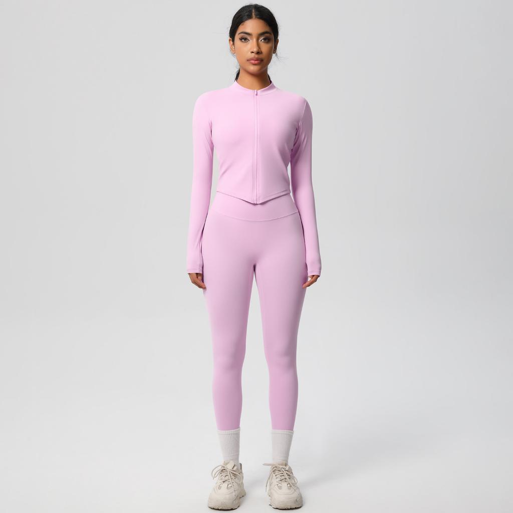 Quick Drying Nude Fitness Zipper Jacket Set, Tight Fitting High Waist And Hip Lifting Yoga Outdoor Running Sports Set, Two-Piece Set For Women