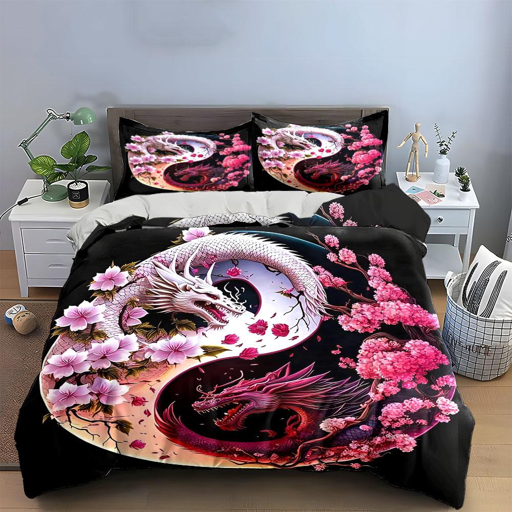 "Dragon Cherry Blossom Decor Set" Soft Skin-Friendly Bedding Set Includes 1 Duvet Cover And 2 Pillowcase, Gift