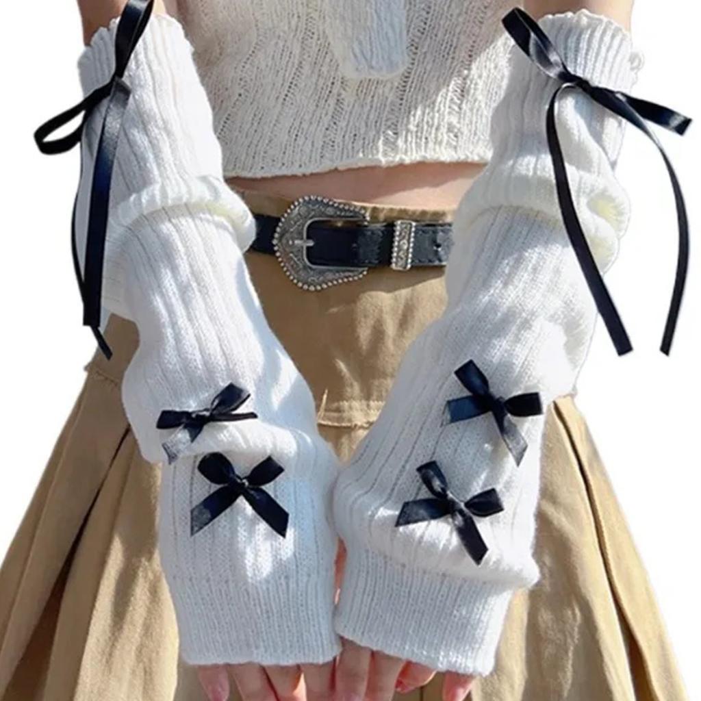 Y2K Mote Armvarmere Strikkede Sløyfehansker for Kvinner og Jenter Halvfinger Votter Ensfarget Tykke Armermer