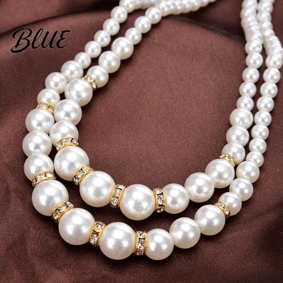 White Pearl Faux Dressy Necklace Ladies 2 Strands Beads Choker