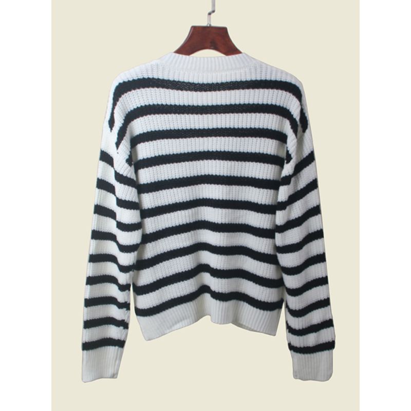 Stripes Contrast Color round Neck Knitting Cardigan Female Soft Glutinous Plaid Sweater Outer Wear Fashion Long Sleeve Top