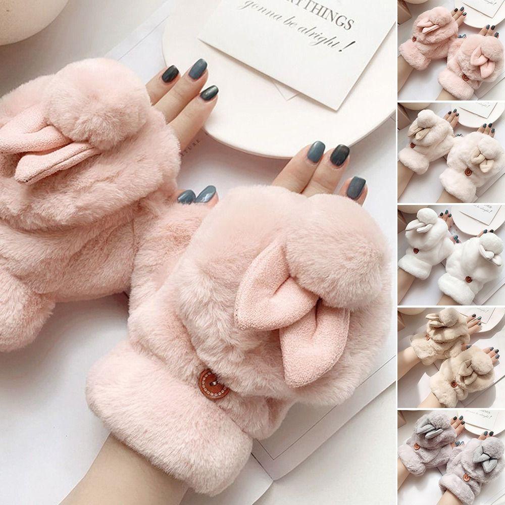 Short Plush Fingerless Glove Thick Warm Gloves Daily Flip Half Finger Gloves  Winter
