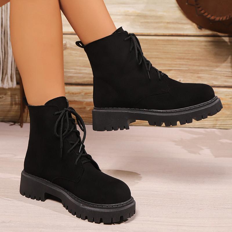 Fashion Women's Black Platform Ankle Boots Fashion Faux Suede Lace Up Short Boots Woman Thick Sole Non Slip Autumn Winter Botas De Mujer