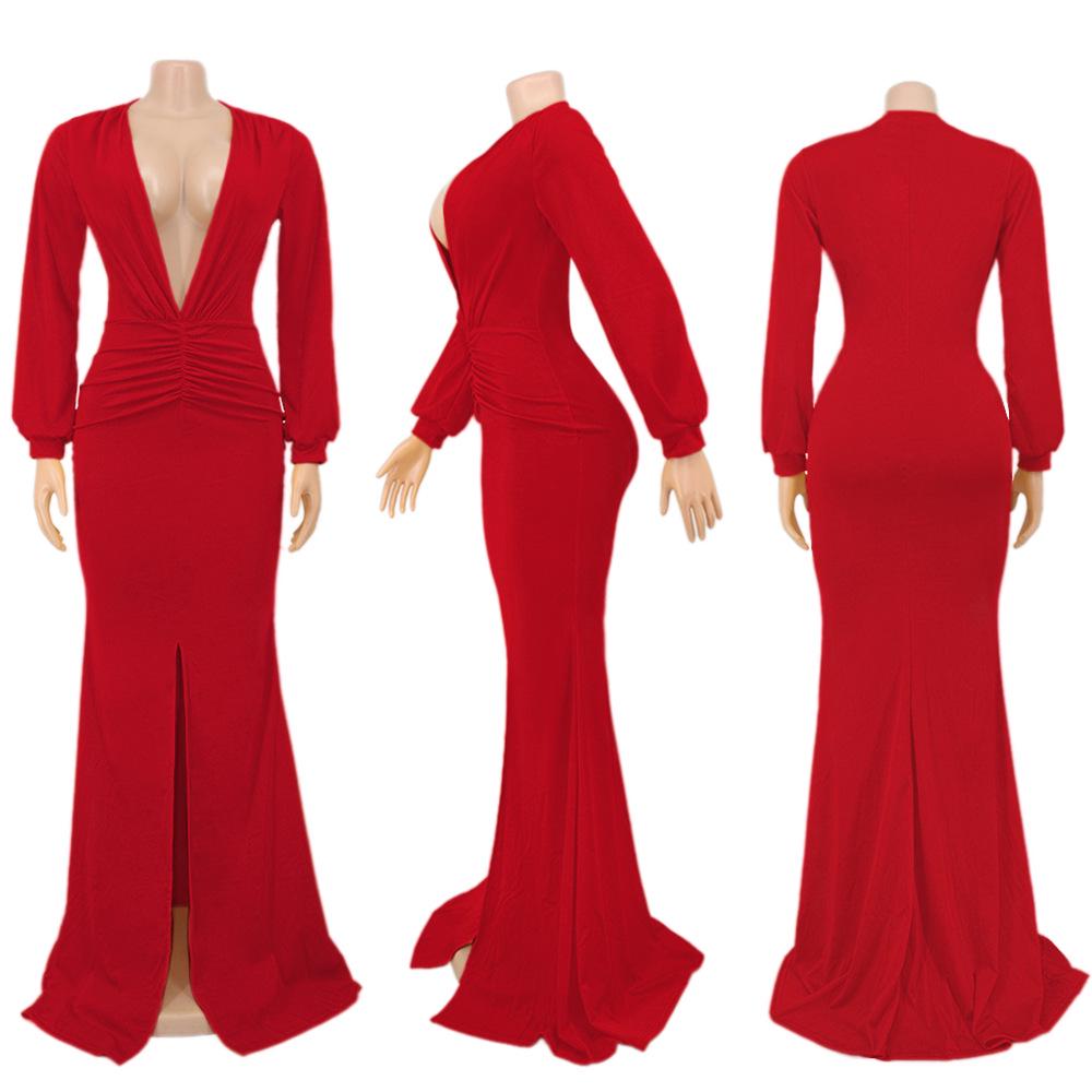 Solid Color V-Neck Slim Sexy Women's Evening Gown