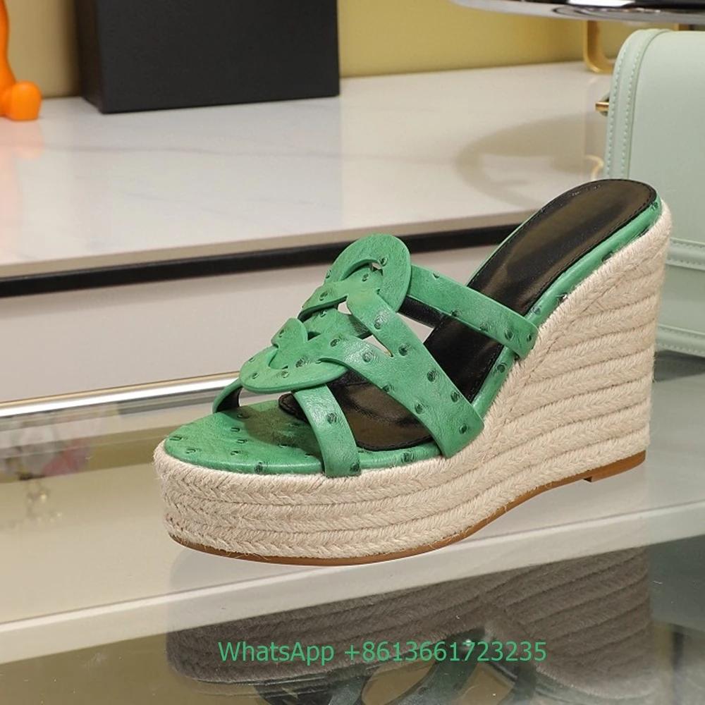 Fashion Cross Strap Leather Silp On Women Sandals Wedges Open Toe High Heels Espadrilles 2025 Summer Newest Fashion Platform Slippers