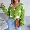 Cardigan de Malha Feminino Outono Inverno Manga Longa Gola V Estampado Suéter de Botão Único