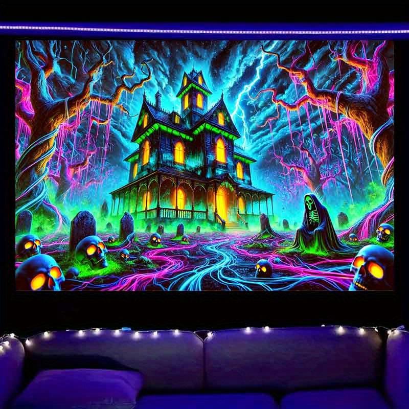 Halloween Dark Night Castle Tapestry Lightning Cemetery Gothic Architecture Bedroom Escape Room Dark Style Decorations 100X70CM