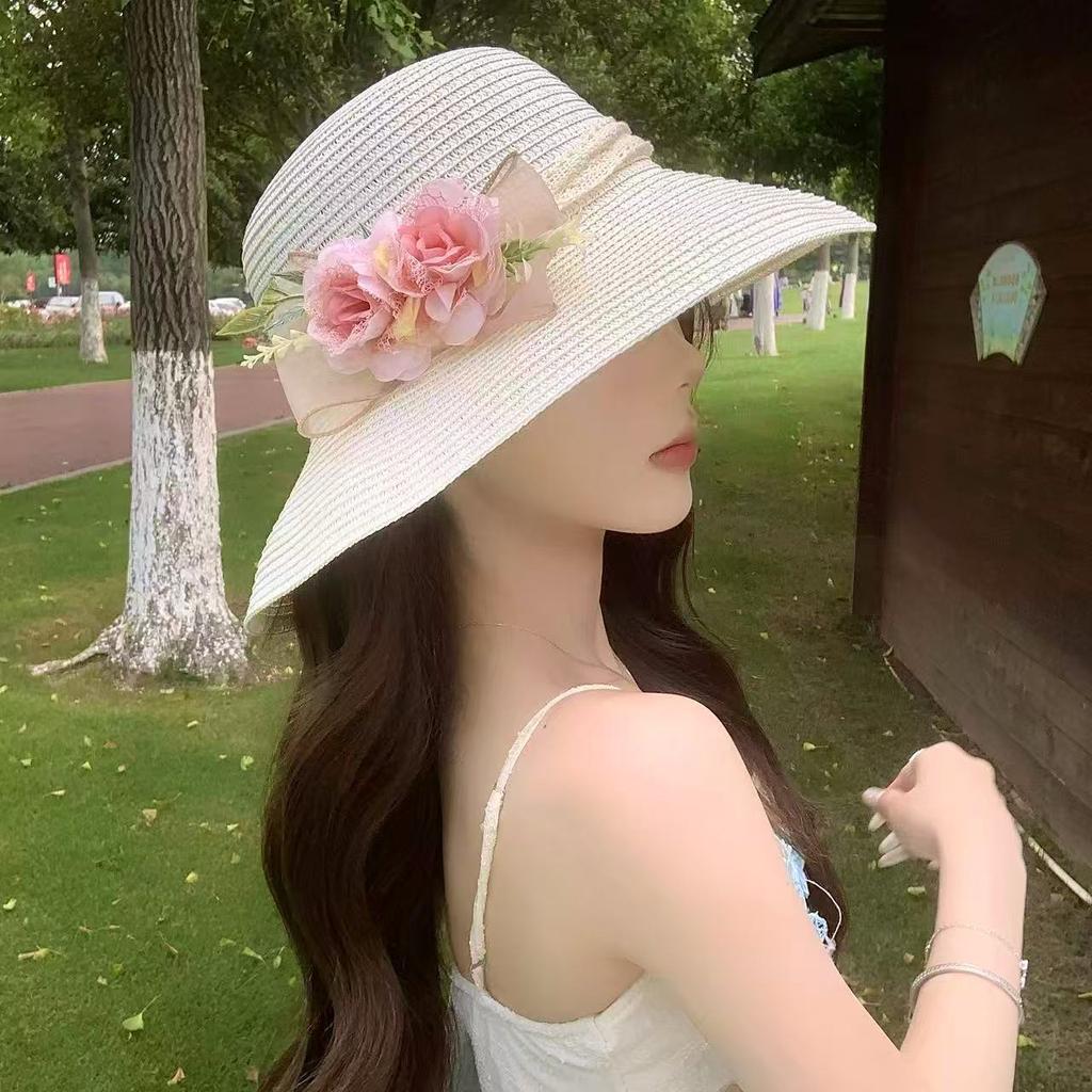 2026 Girls Floral Ribbon Straw Hat Summer Breathable Sun Hat Women Fashion UV Protection Woven Cap Gift