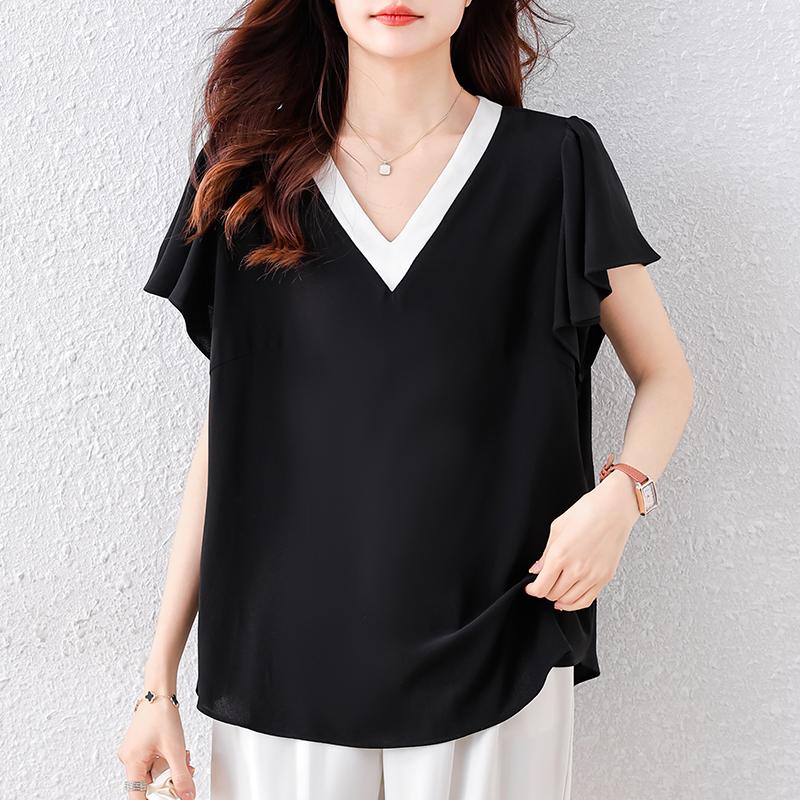 DIMANAF 2025 Summer Plus Size Women T-Shirts V-Neck Elegant Short Sleeve Tops Tees Loose Shirt