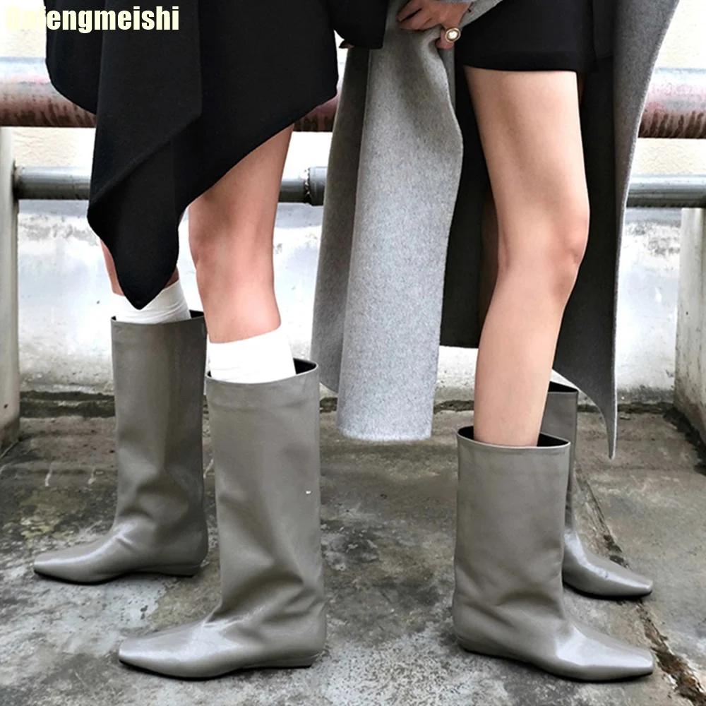 Fashion Cowhide Autumn Winter New Boots Korean Style Simple Square Toe Boots Pull-On Low Heel Knight Boots Women Sleeve Mid-Tube Boots