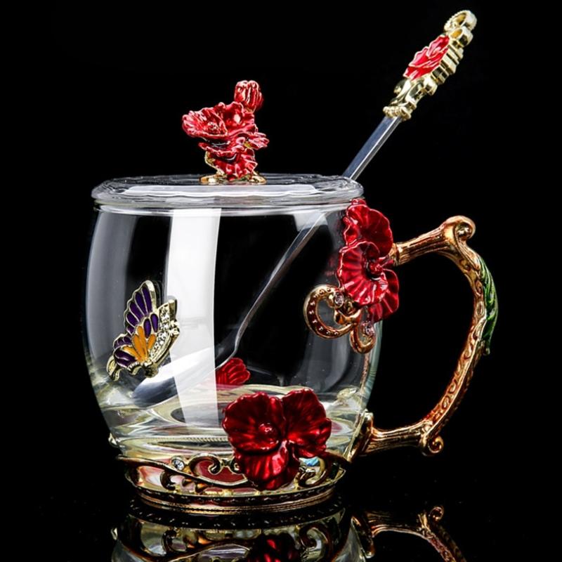 Emaille Glas Tassenset Muster Glas Tasse mit Löffel Emaille Tasse Milch Zitrone Blume Schmetterlinge Tasse