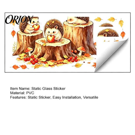 Cute Animal Window Art Little Hedgehog Tree Stump Static Sticker, Watercolor Decorative Thanksgiving Decorations Decal, Reusable PVC Cling for Autumn
