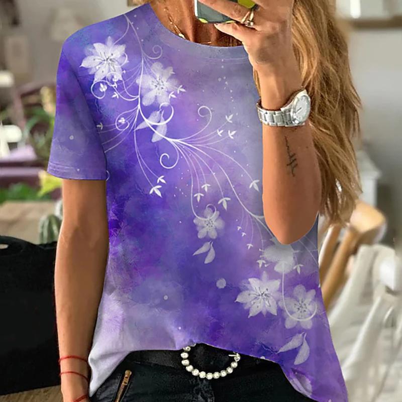 Damen Sommer T-Shirt Trend Blumendruck Retro Mode Kurzarm Tees Lässig Bedruckte Oberteile