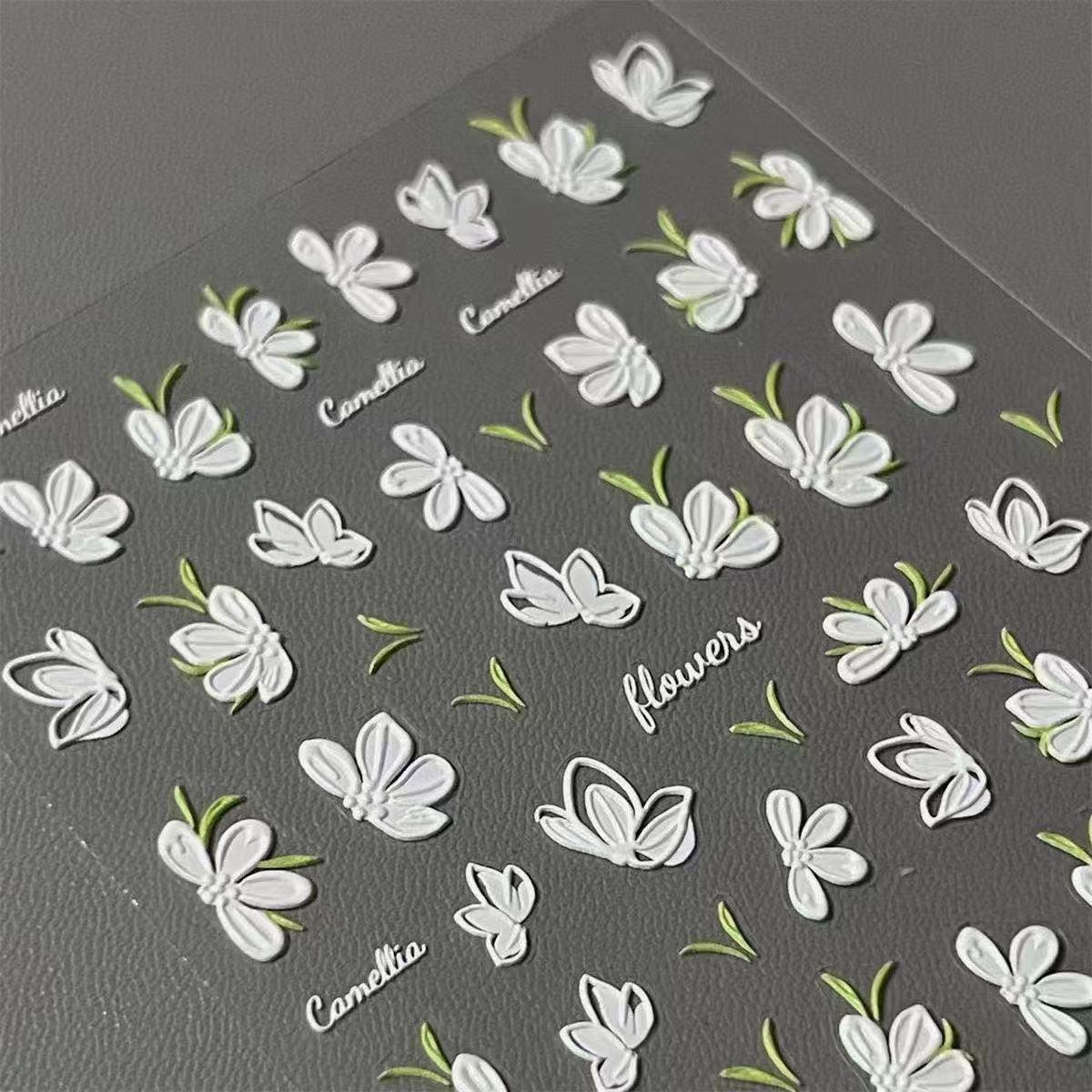 Camellia 3D Embossed Korean Style Waterproof Nail Art Stickers for Students