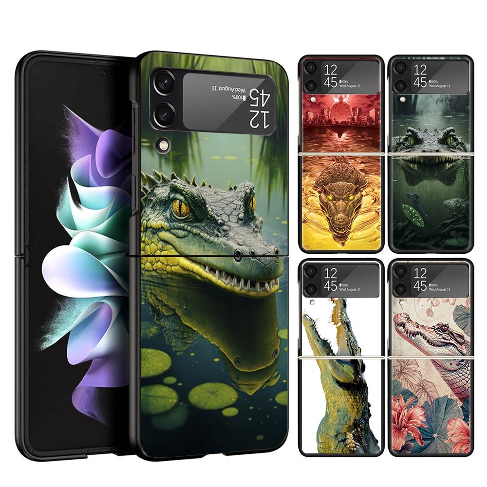 Crocodile Animal Cover Phone Case For Samsung Galaxy Z Flip 7 6 5 4 3 5G Flip7 Flip6 Flip5 Flip4 Flip3 Black Fundas Shell Galaxy