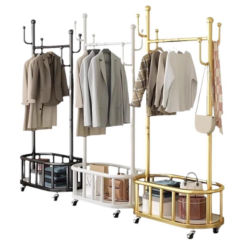 Floor-Standing Movable Clothes Rack with Storage Basket