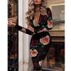 Autumn and Winter New French Retro European and American Fashion Print V-neck Bag Hip Long Sleeve Sexy Slim Dress Sub Trend