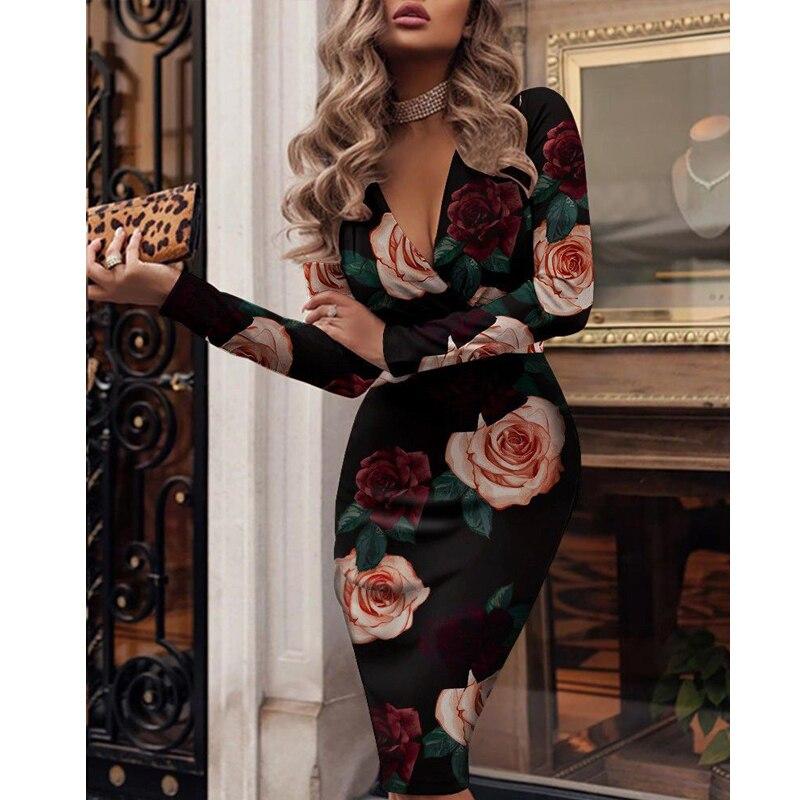 Autumn and Winter New French Retro European and American Fashion Print V-neck Bag Hip Long Sleeve Sexy Slim Dress Sub Trend