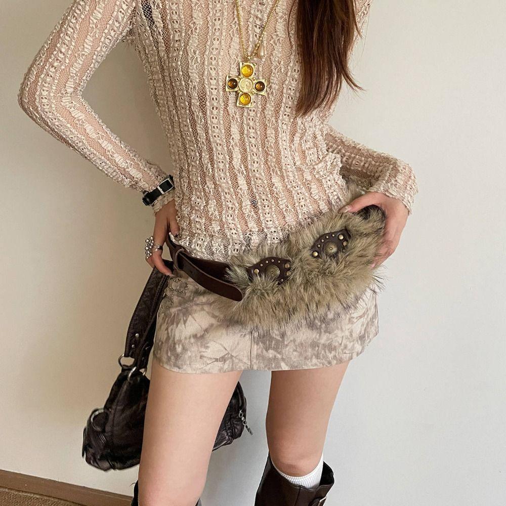 PU Leather Furry Waistband Spicy Girl Style Y2K Waistband Vintage Plush Belt  Female/Girls