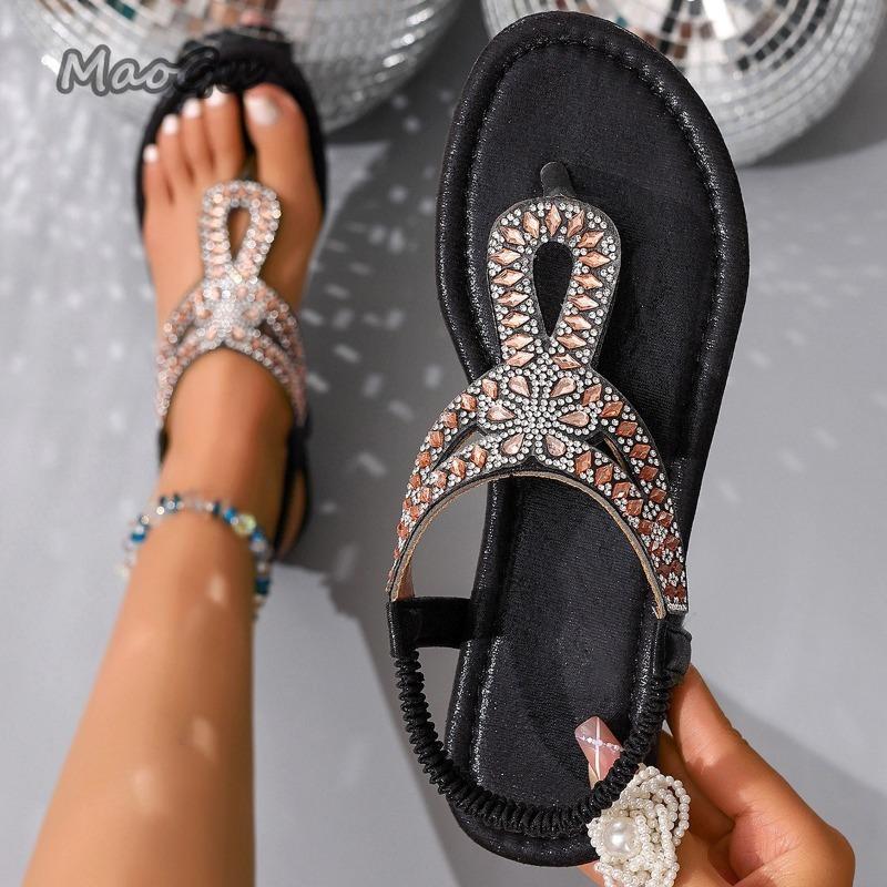 Fashion Blue Rhinestones Flat Sandals for Women Summer 2025 Bohemian Style Comfort Beach Shoes Woman Lightweight Clip Toe Roman Sandals