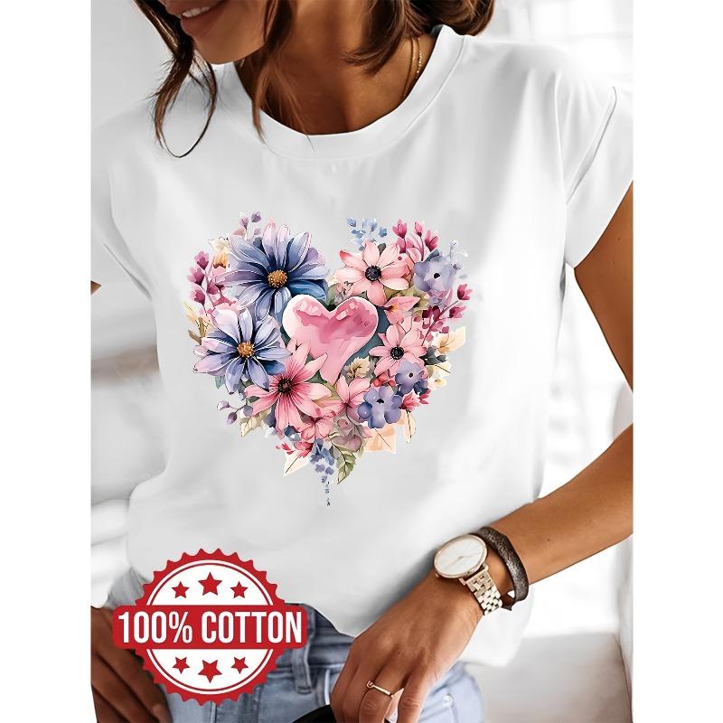 

European Size Artistic Printed Design, Round Neck Women S Short Sleeve, Pure T-Shirt, Easy Su S белый