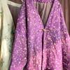 Johnature Women Vintage Print Floral Parkas V-Neck Long Sleeve Warm Autumn Coats Linen Chinese Style Single Button Parkas