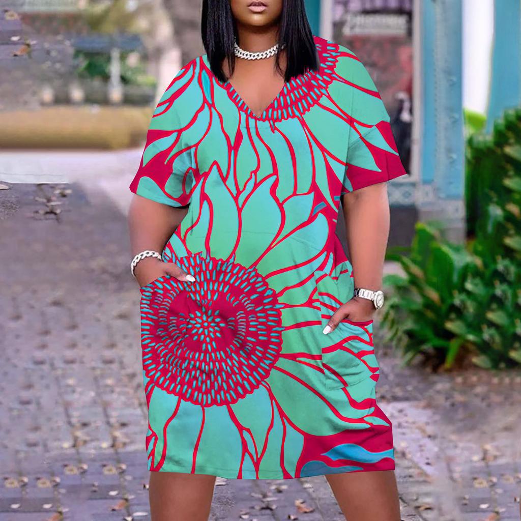 Women's Casual Large V-neck Short Sleeve Printed Pocket Loose Dress