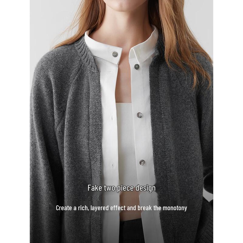 ELLE Women's Faux Two-Piece Merino Wool Knit Cardigan