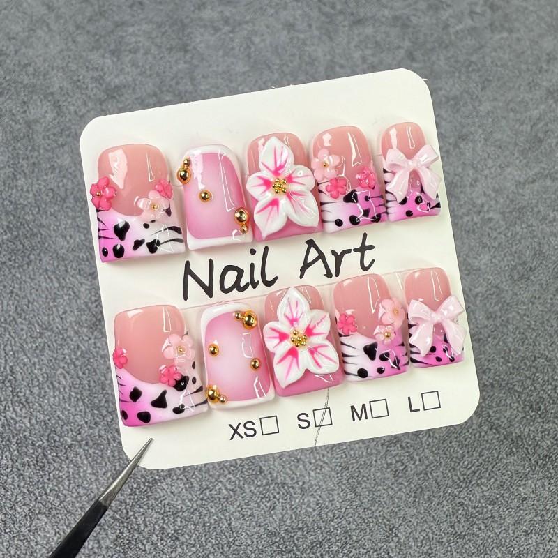Short Duckbill Press-On Nails With Floral Bow Design Sweet Pink Blush French Leopard 3D Embossed Manicure Tips Small