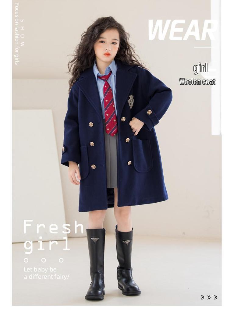 Girls' British College Style Wool Coat - Warm, Thickened, Mid-Length, Cotton-Padded Winter Wear 2025