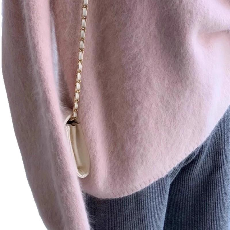 Women's Pink Mink Velvet Round Neck Pullover - Soft, Thick, Loose Knit Sweater for Autumn/Winter