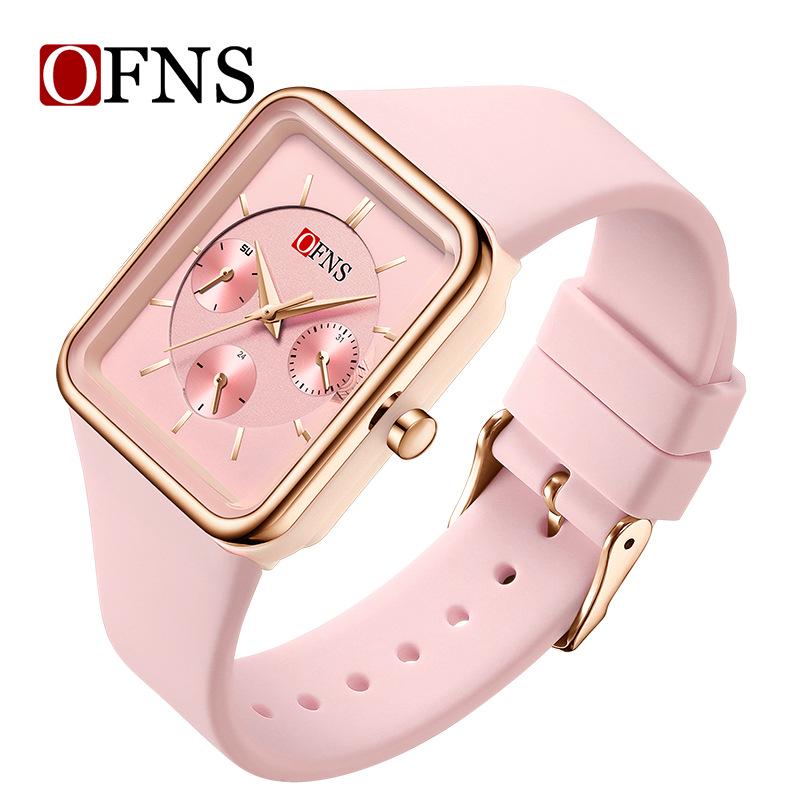 OFNS Women s Waterproof Silicone Strap Quartz Watch with a Fashionable Square Design and Small Second Hand розовый