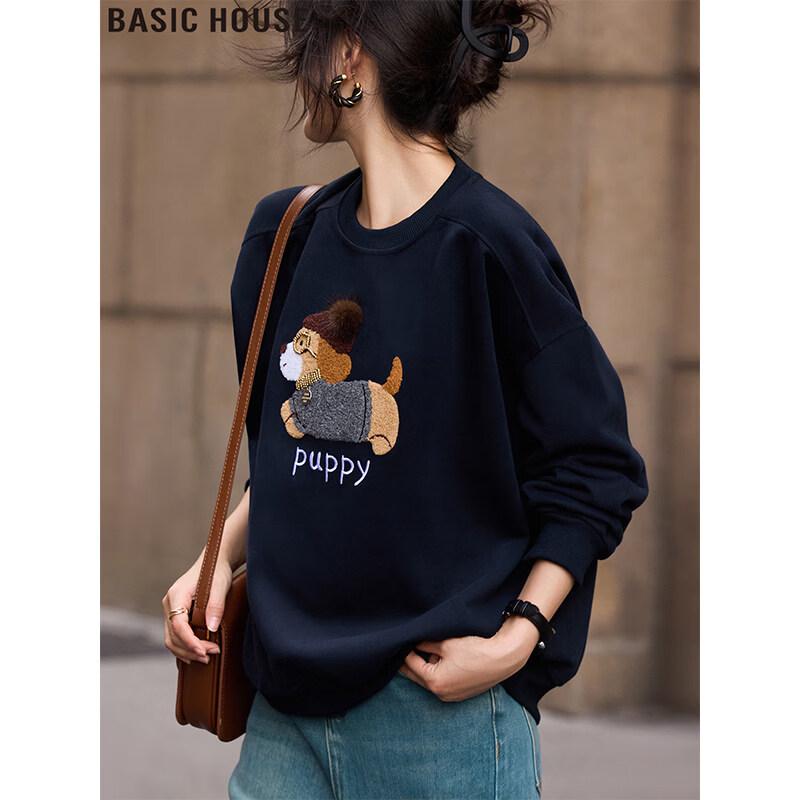 Basic House Women s Embroidered Round Neck Sweatshirt L