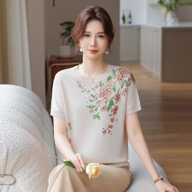 Mulberry Silk Knit Round Neck Short Sleeve T-shirt for Middle-Aged Women - 2026 Summer Collection