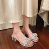 Thick Heel Fashion Crystal Mid-heel Summer 2025 Slippers Women's Open-toed Flower Sandals New Beige