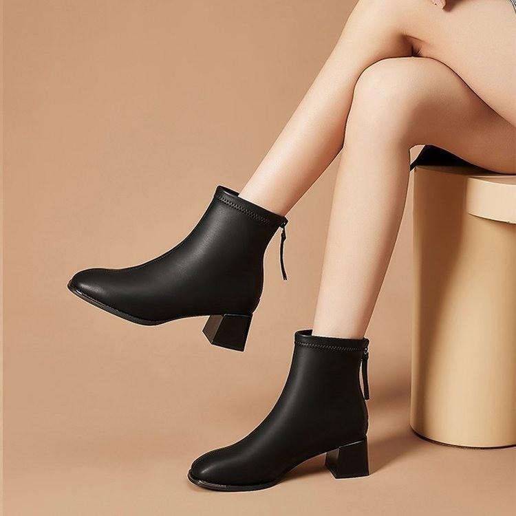 2025 neue Frühling- und Herbststiefel mit runder Spitze, Damenstiefel mit dickem Absatz, weichem Leder und mittlerem Absatz, dünne Stiefel, Herbst- und Winterdamenschuhe, Modestiefel