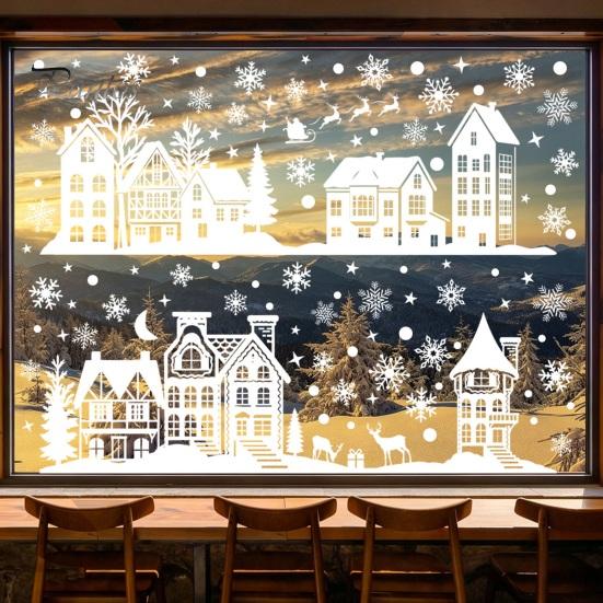 Festival Window Display Supplies 2Pcs Christmas Town Static Glass Sticker, Reusable Decal with Snowflake White Elk Silhouette Stickers Pattern,