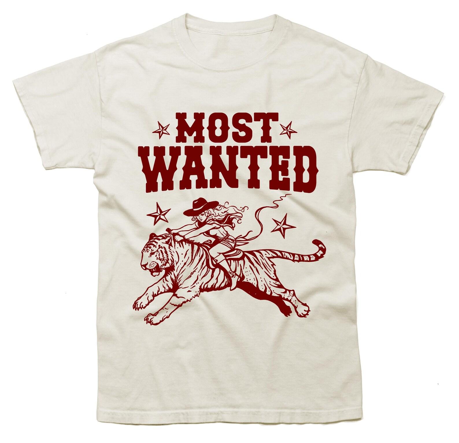 Most Wanted Cowboy T-Shirt, Hell Cat Cowgirl Riding Tiger Vintage T-Shirt, Western T-Shirt, Western Bachelorette T-Shirt L