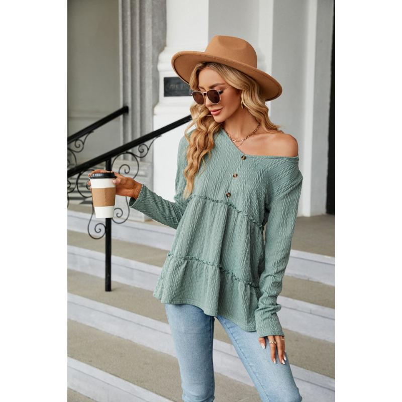 Jarní a podzimní dámská halenka s výstřihem do V Jednobarevný knoflík Patchwork Dlouhý rukáv Volný Top