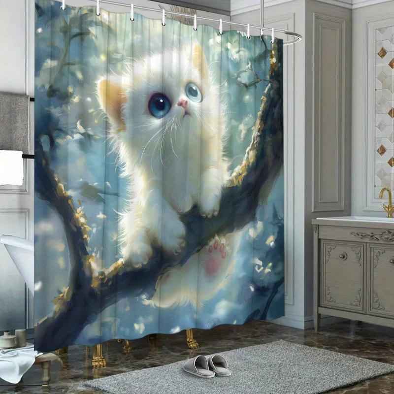 1Pc Fluffy White Kitten Shower Curtain - Branch, Blue Eyes, Dreamy Forest, 70.8X70.8", Polyester, Washable, 12 Hooks