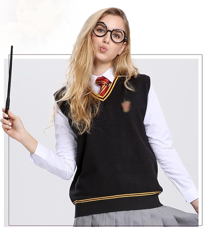 Magic Cosplay Set Gryffindor Vest Sweater Magic Vest Halloween Cosplay Costume Everyday Wear Unisex Vest Tie Glasses Set [Formemory] 3-Piece (S)