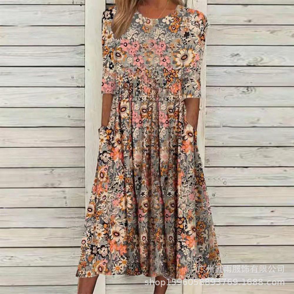 Cross-border European and American women s clothing printed dress independent station Amazon explosive product waist long women s seaside vacation S