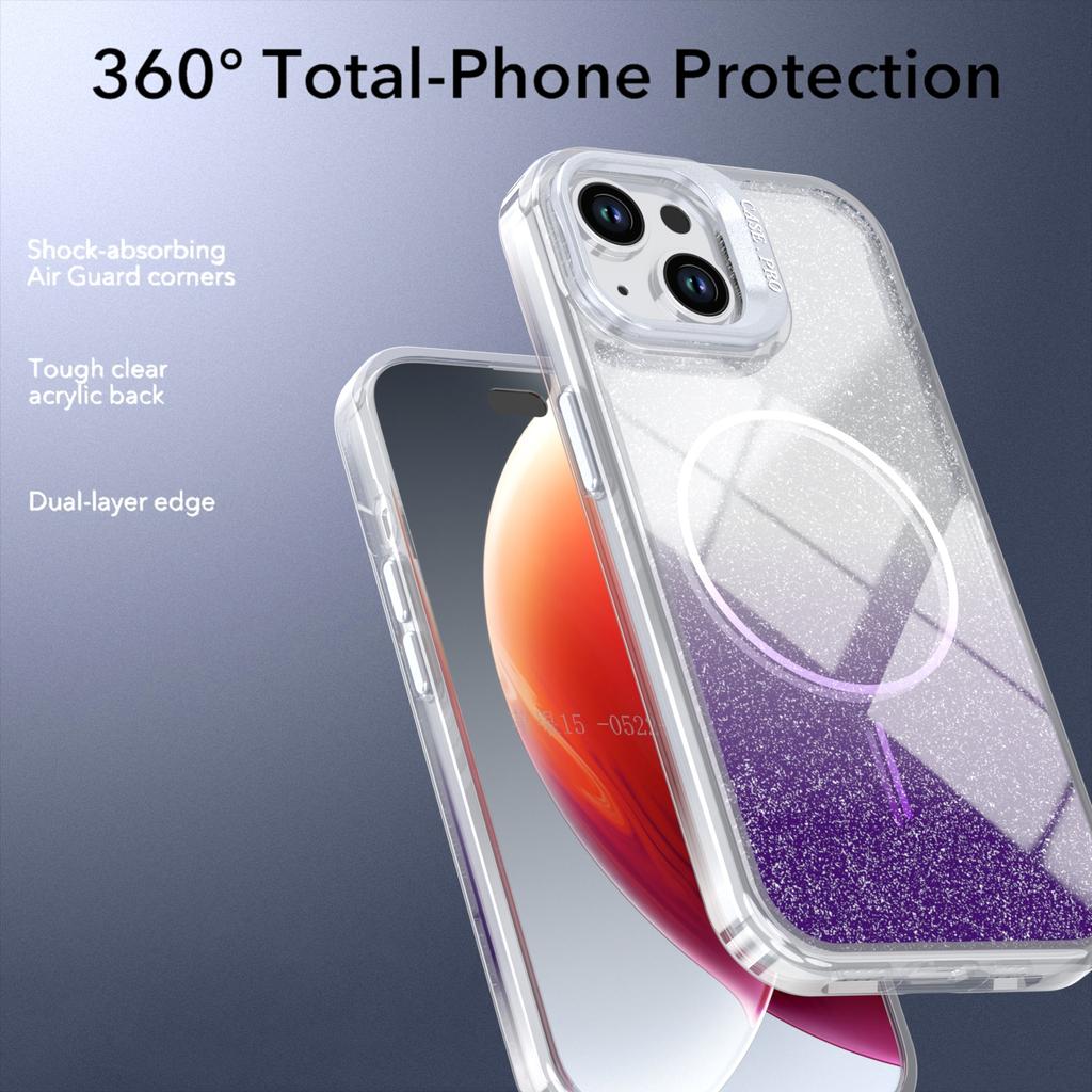 For iPhone 15 Magnetic Case Gradient Glitter Shockproof TPU PC Phone Cover Compatible with MagSafe