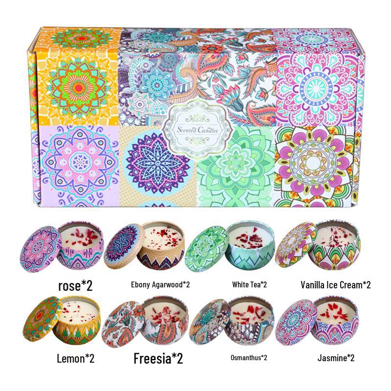 Ethnic Style Aromatherapy Candle Gift Set with Tinplate Dried Flowers